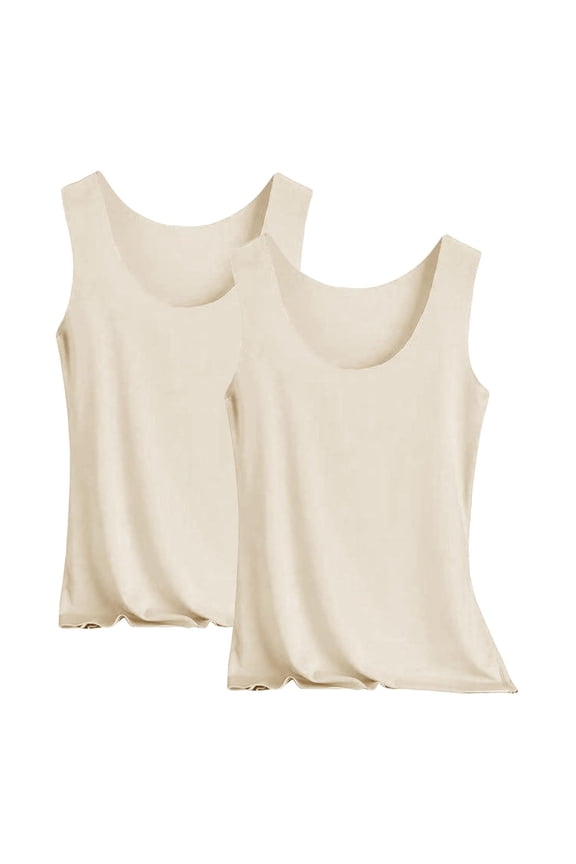 2 Pack Basic U Neck Tank Tops Women Seamless Solid Cami Tops Casual Ice Silk Summer Vest Khaki,XXXL