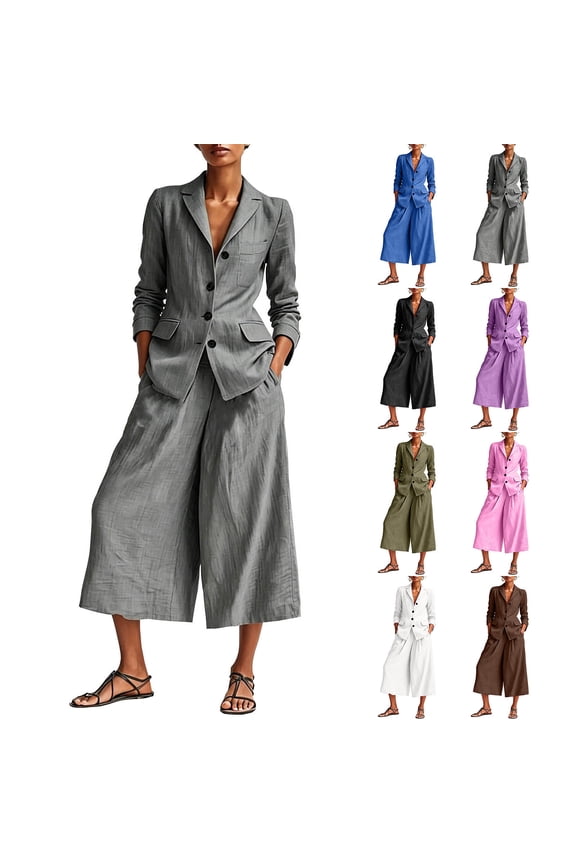 2 Piece Blazer Sets for Women Cotton Linen Casual Dressy Matching Set Button Down Long Sleeve Suit Shirts with Wide Leg Cropped Pants Pink,M