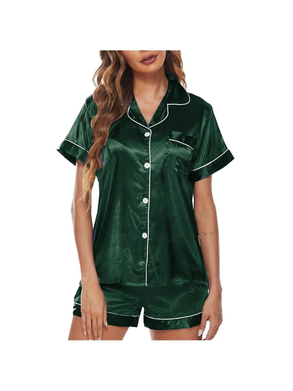 2 Piece Button-Down Pj Set for Women Satin Silky Sleepwear Short Sleeve Soft Loungewear Set Green,L