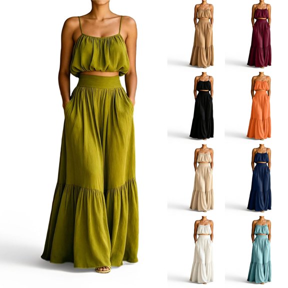 Lcziwo 2 Piece Long Skirt Sets for Women Spaghetti Strap Crop Top & High-Waist Tiered Swing Skirt with Pockets Light Blue,M
