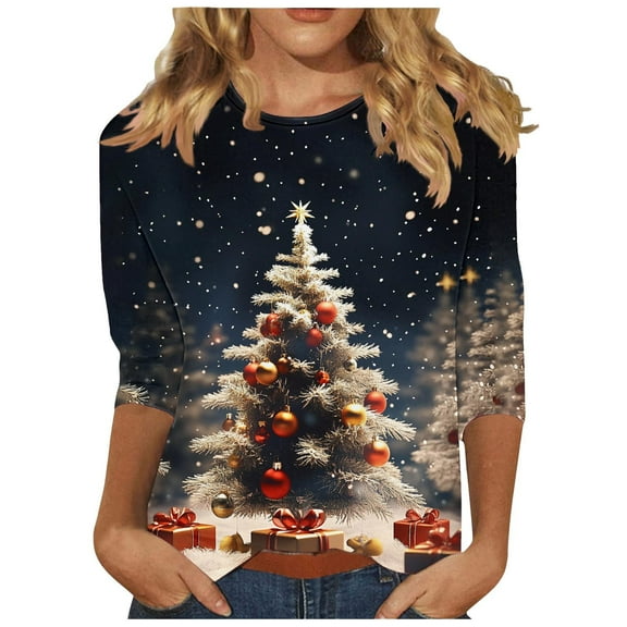 Lcziwo 3/4 Sleeve Plus Size Tops for Women Xmas Holiday Crew Neck Tees Xmas Giltter Tree Print Elegant Shirts Fall Fashion Casual Trendy Blouses Black,XXXXL