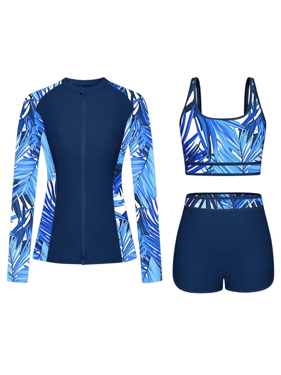 3 Piece Swimsuits for Women Athletic Printed Full Zip Swimsuits Built in Bra Printed Swim Shirts with Boyshorts Quick Dry Surfing Swimsuit Set Navy,L