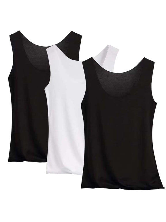 3PC Soft Comfy Tank Top Set Women Ice Silk Basic U Neck Cami Tops Daily Casual Loungewear Black,XXXXL