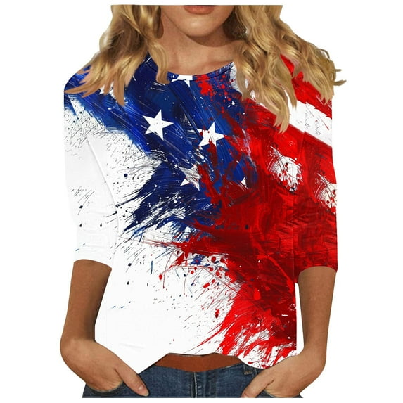 Lcziwo 4th of July Shirts Womens Casual Trendy Summer 2025 Shirts American Flag Patriotic Tunic Tops 3/4 Sleeve Round Neck Comfy Blouses Multicolor,XL