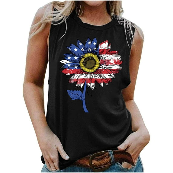 Lcziwo 4th of July Fitted Tank Tops for Women America Flag Printed Shirts Sleeveless Crew Neck Slim Fit Tees Summer Beach 2025 Black,M