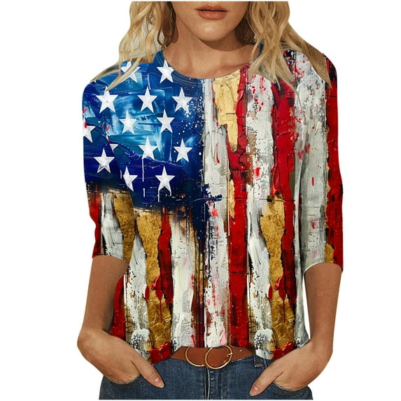 Lcziwo American Flag Shirt for Women 3/4 Sleeve Round Neck Soft Blouses 4th of July Patriotic Print T Shirts Casual Trendy Summer 2025 Tees Gray,XL