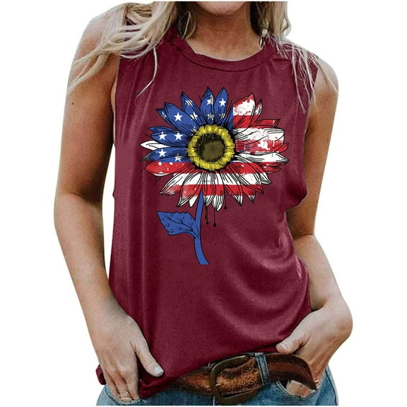 Lcziwo American Flag Tank Tops for Women Plus Size Patriotic Printed Sleeveless Tunic Tees Crew Neck Going Out Casual Slim Shirts Wine,M