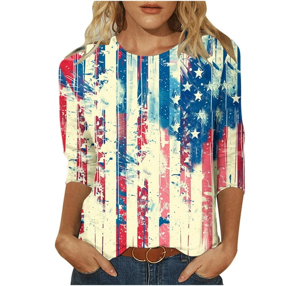 Lcziwo American Flag Tee Shirt Women Happy Independence Day Patriotic Print Blouses 3/4 Sleeve Crew Neck Shirts Casual Trendy Summer 2025 Tees Gray,L