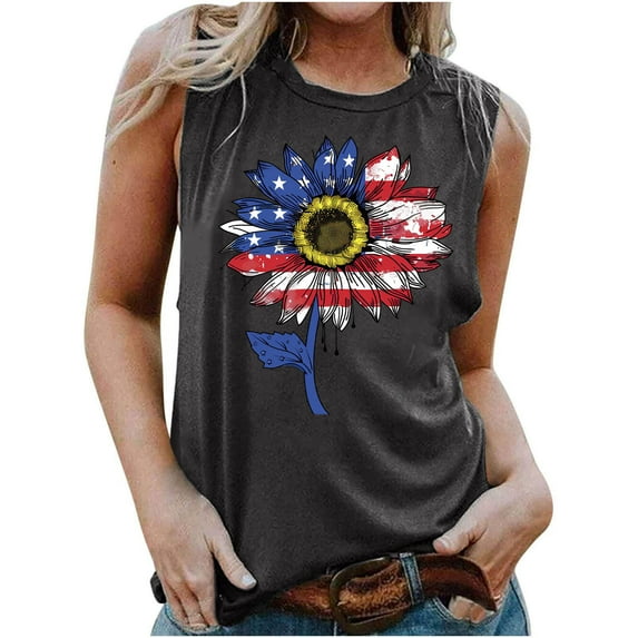 Lcziwo American Flag Womens Tank Top Independence Day Patriotic Print Shirts Sleeveless Crew Neck Casual Slim Tees Dark Gray,S