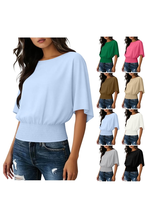 Banded Bottom Tops for Women Cinched Waist Crew Neck Batwing Sleeve Shirts Casual Dressy Business Basic Tees Black,S