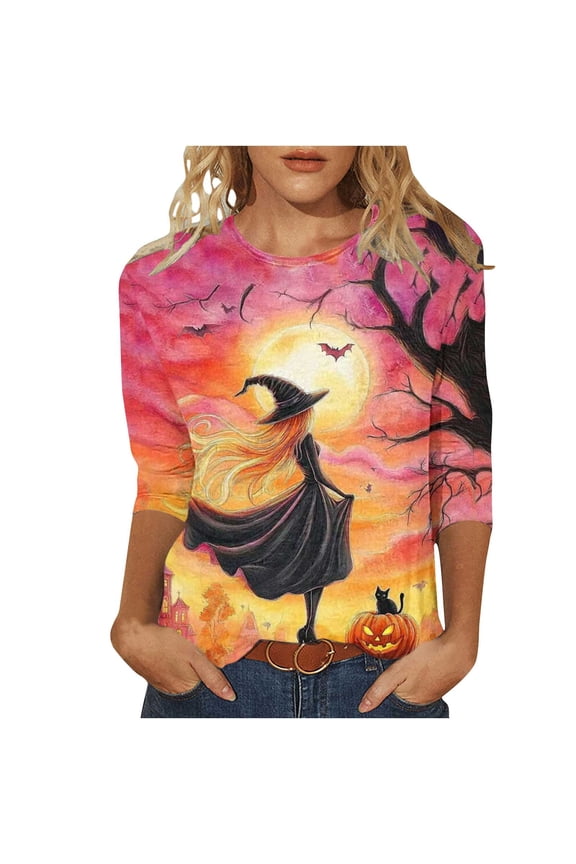 Basic Witch Halloween Shirt for Women 3/4 Length Sleeve Round Neck Shirts Vintage Print Novelty Tops Casual Scary Party Fall Tees Multicolor,XL