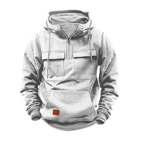 Lcziwo Big and Tall Hoodie for Men Quarter Zip Drawstring Tactical Sweatshirts Long Sleeve Plain Pockets Pullovers with Hood White,L