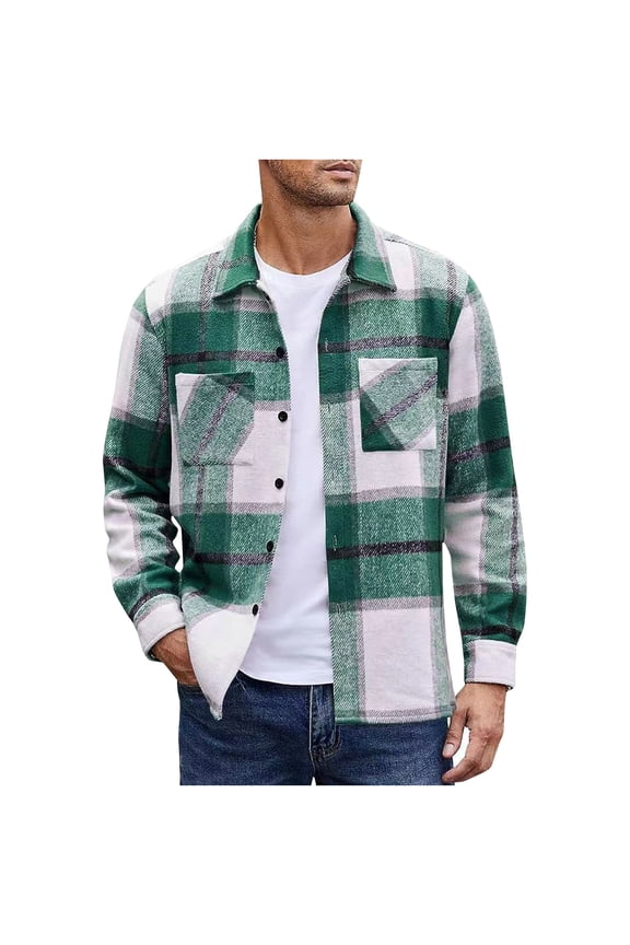 Big and Tall Mens Button Down Shirts Casual Regular Fit Loose Shirts Long Sleeve Lapel Tshirts Checkered Fleece Tops Green,XXXL