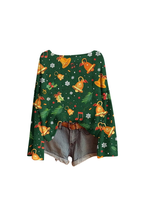Boho Christmas Pullover for Women Oversized Vintage Graphic Print Sweater Casual Fashion Long Sleeve Tops Boat Neck Western Knitted Pullover Green,XL