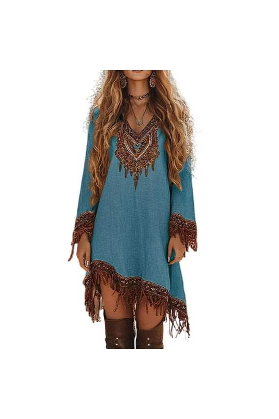 Boho Western Dresses for Women 2025 Medieval Floral Embroidered Tassel Sundress Country Concert Long Sleeve Vneck Dress Blue,M