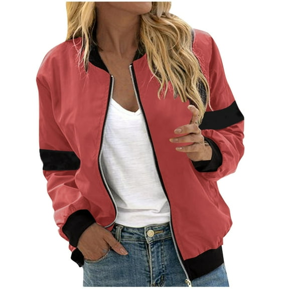 Lcziwo Bomber Jacket Women Trendy Lightweight Long Sleeve Casual Outerwear Solid Color Crew Neck Windbreaker with Zipper and Pockets 2025 Coats Watermelon Red,S