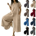 thumbnail image 1 of Lcziwo Button Down Jumpsuits for Women Cotton Linen Short Sleeve Collared Overalls Wide Leg Loose Fit Casual Lounge Rompers with Pockets Black,XXL, 1 of 8