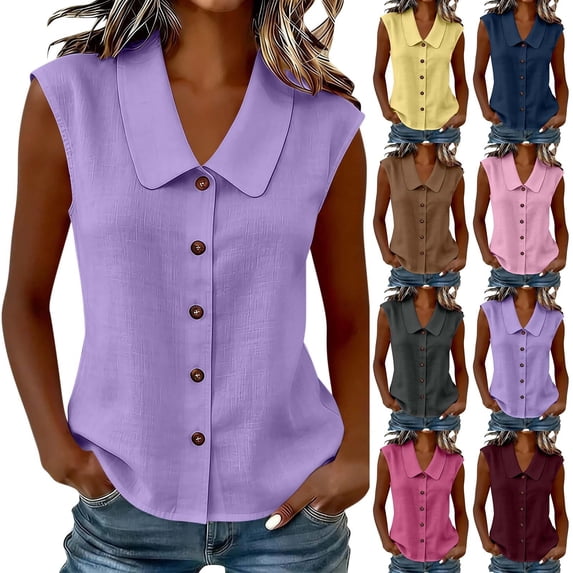 Lcziwo Button Down Tank Tops for Women Dressy Summer Business Work Blouses Sleeveless Peter Pan Collar Cute Shirts Navy,L