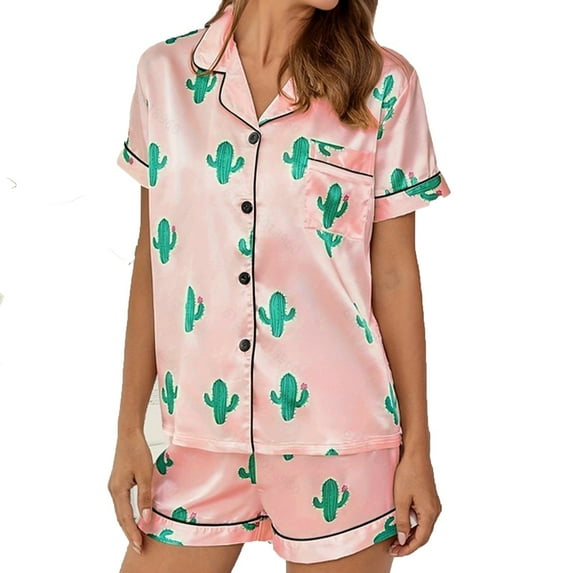 Lcziwo Button Front Satin Sleepwear for Women Short Sleeve Tropical Print Loungewear Satin Shorts Pajamas Pink,M