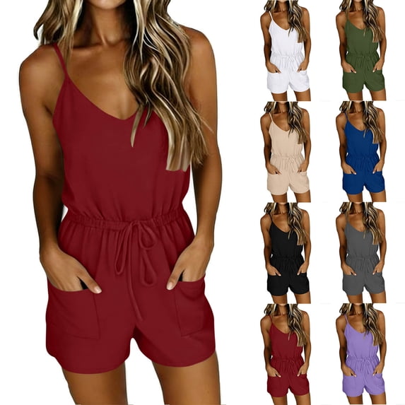 Lcziwo Casual Short Rompers for Women Drawstring Elastic Waist Solid Loose Jumpsuits Spaghetti Strap V Neck Pockets Summer Outfits Black,XXL