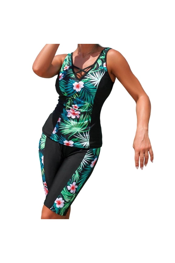 Casual Summer Beach Tankini Women V-Neck Cross Top Bike Shorts Swimwear Two Piece Holiday Bathing Suit 2026 Green,L