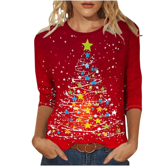 Lcziwo Christmas 3/4 Sleeve Tops for Women Funny Giltter Tree Print Loose Shirts Casual Trendy Crew Neck Blouse Xmas Holiday Fall Tunic Tees 2025 Multicolor,L