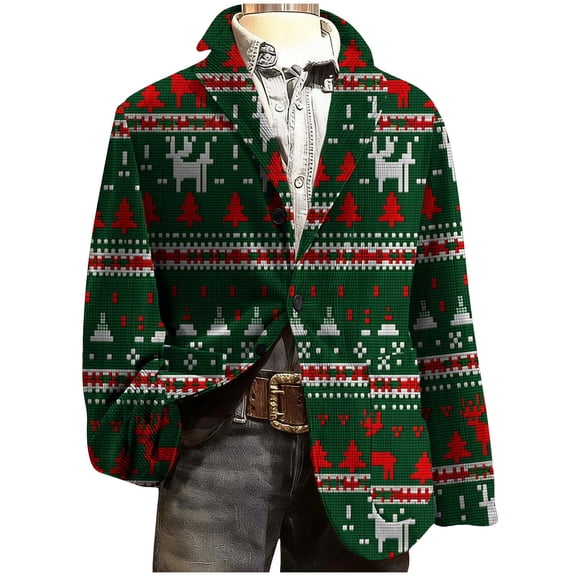 Lcziwo Christmas Blazers for Men Corduroy Holiday Party Printed Blazers 3 Button Casual Business Sport Coat Single Breasted Lapel Jackets Green,XL