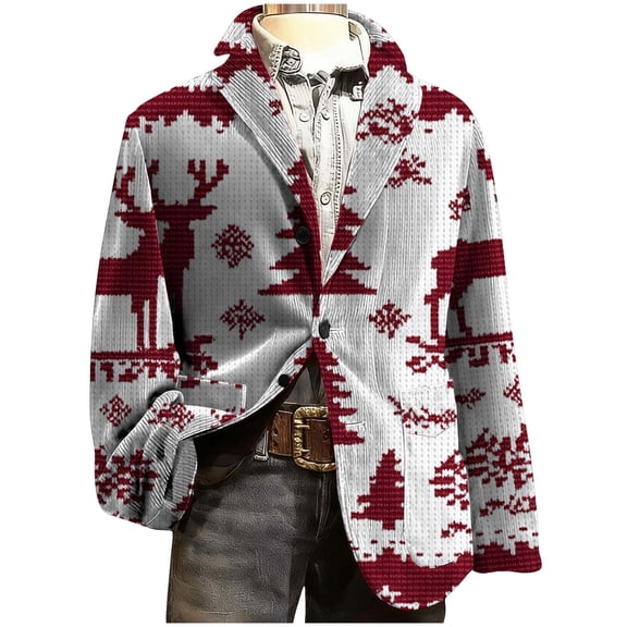 Lcziwo Christmas Dress Coat for Men Corduroy Holiday Party Printed Blazers 3 Button Casual Business Sport Coat Single Breasted Lapel Jackets Red,XL