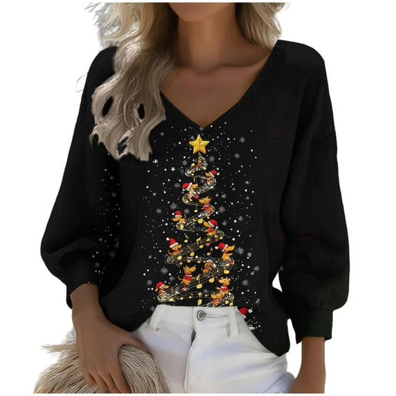 Lcziwo Christmas Long Sleeve Shirt Women Cute Xmas Tree Print Shirts Waffle Knit V Neck Blouses Oversized Casual Trendy Fall 2025 Tees Multicolor,S
