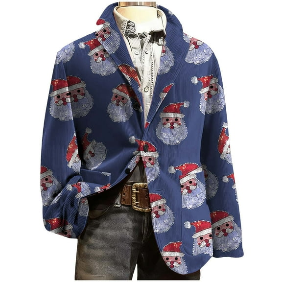Lcziwo Christmas Party Suits for Men Casual Single Breasted Suit Jackets 3 Button Printed Corduroy Blazers Slim Fit Lapel Business Sport Coat Blue,L