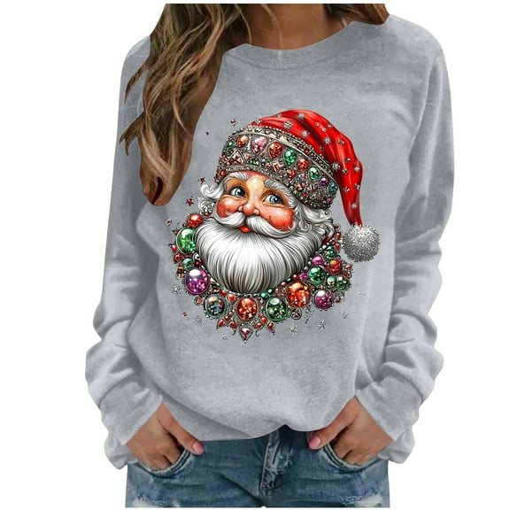 Lcziwo Christmas Pullover for Women Funny Santa Print Oversized Sweatshirt Long Sleeve Crew Neck Soft Shirts Xmas Casual Fall Fashion Outfits 2025 Gray,XL