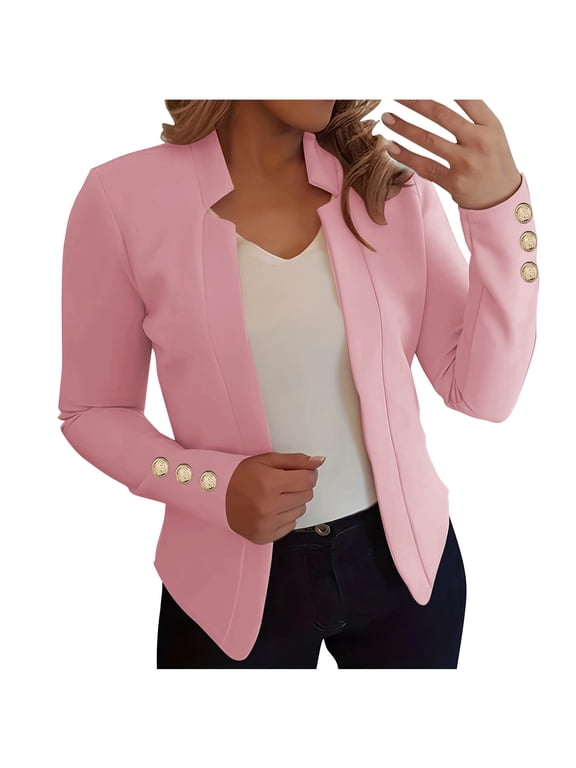 Coat Jackets for Women Plain Button Open Front Outerwear Long Sleeve Notch Collar Jackets Business Office Work Blazer 2025 Pink,L