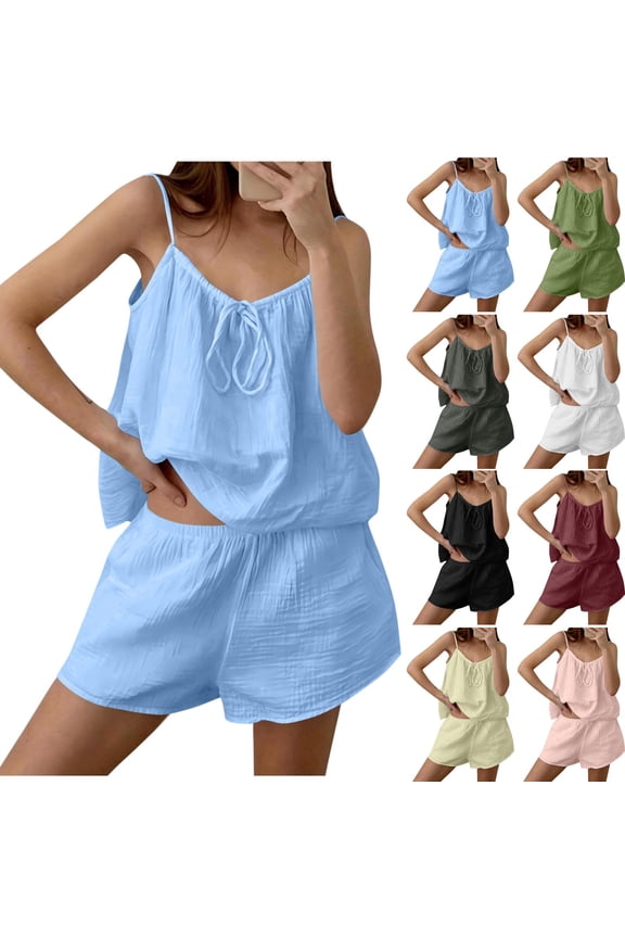 Cotton 2 Piece Short Set for Women Solid Spaghetti Strap Tie Front Camisole with Pockets Shorts Y2k Cute Sleepwear Dark Gray,S