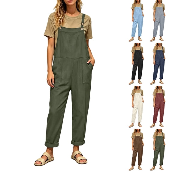 Lcziwo Cotton Bib Overalls for Women Adjustable Straps One Piece Jumpsuits Solid Baggy Casual Summer Rompers with Pockets Brown,S