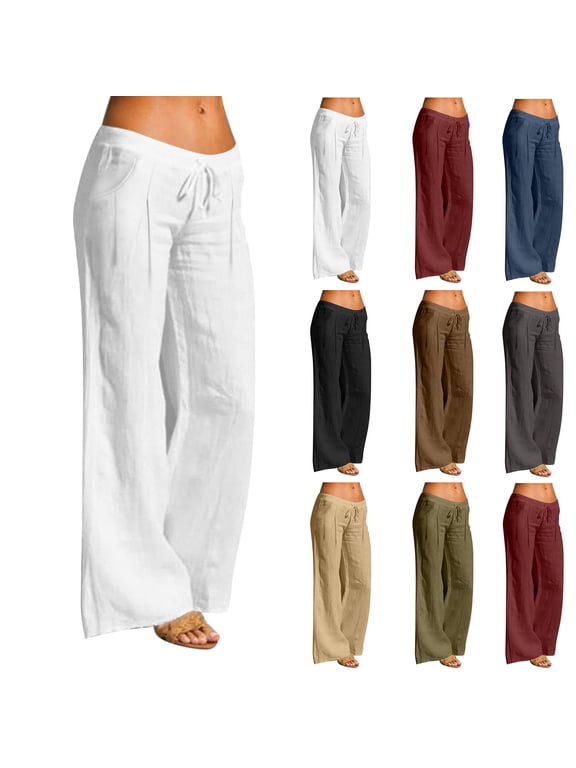 Cotton Elastic Waist Pants for Women Drawstring Solid Pleated Linen Trousers Pockets Gauze Casual Summer Loose Pants White,M