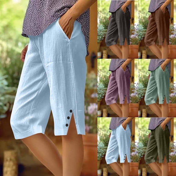 Lcziwo Cotton Linen Shorts for Women Straight Leg Elastic Waist Bermuda Pockets Shorts Side Slit Buttons Casual Loose Summer Shorts Mint Green,L