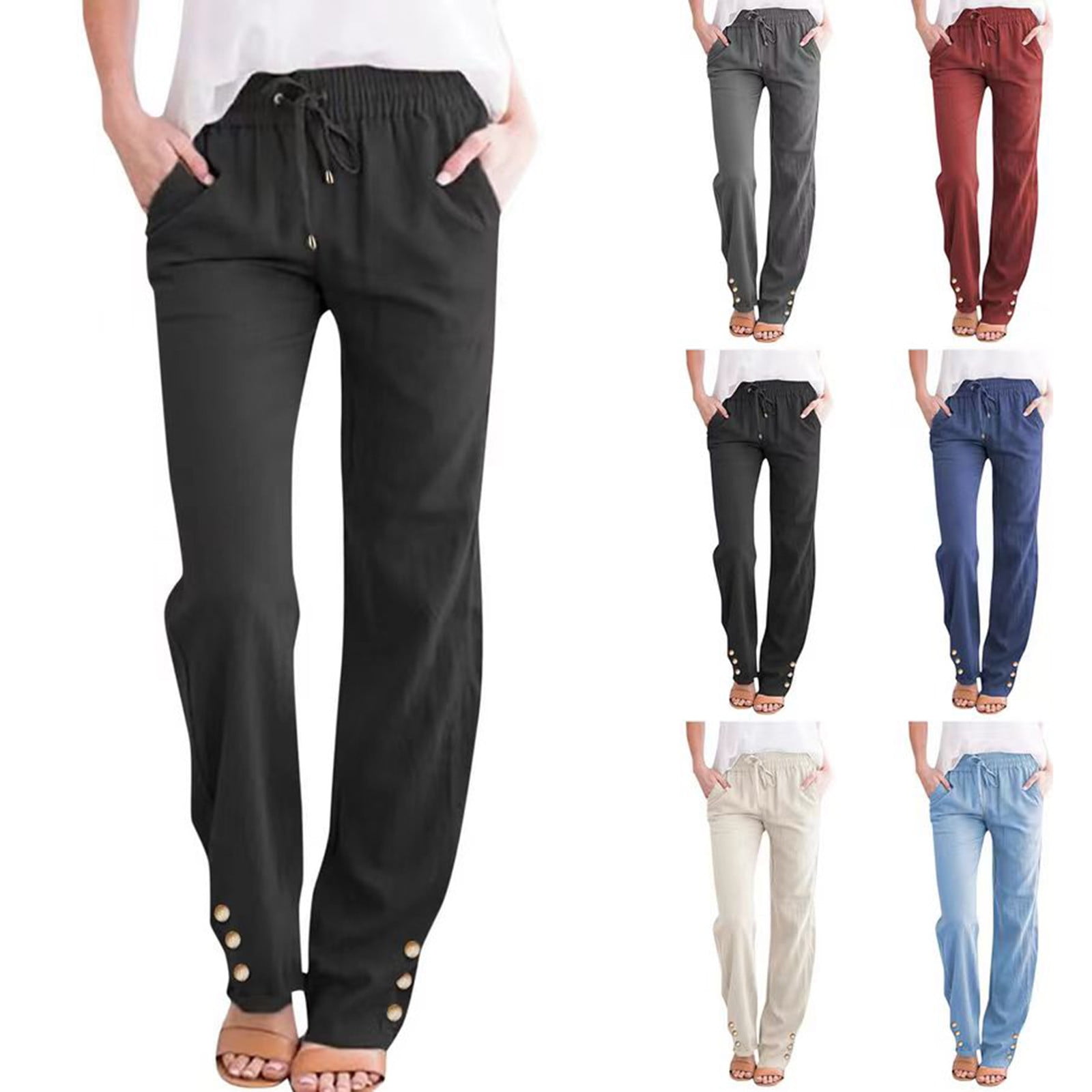Lcziwo Cotton Linen Vacation Palazzo Pants for Women Straight Wide Leg ...