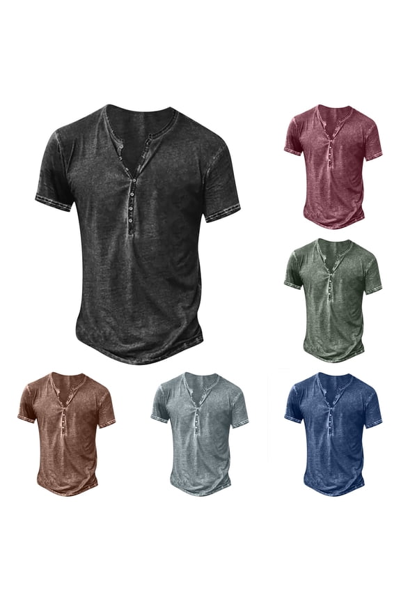 Cotton Muscle Shirts for Men Short Sleeve Henley Button Down Tops Retro Distressed Washed Summer T-Shirts Coffee,XXL