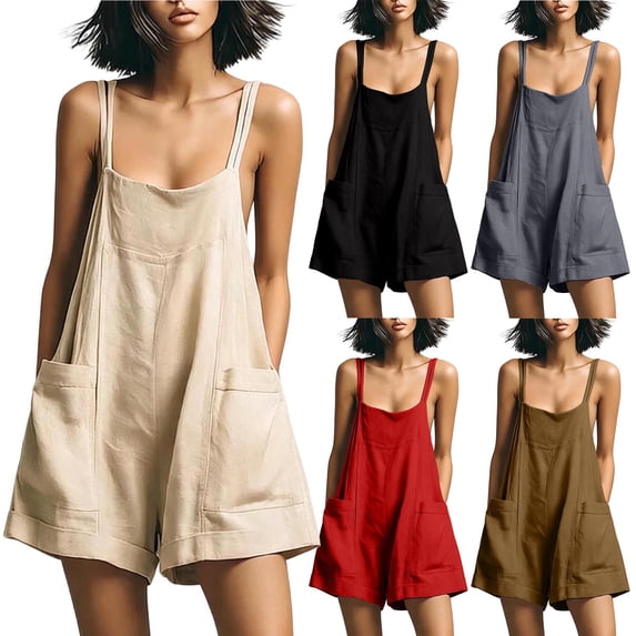 Lcziwo Cotton Shorts Jumpsuits for Women Spaghetti Strap Wide Leg Loose Overalls Summer Vacation Casual Trendy Tank Rompers with Pockets Dark Gray,L