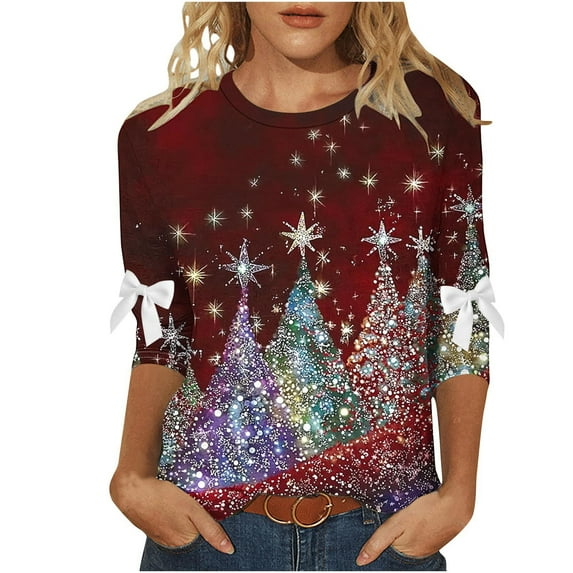 Lcziwo Crew Neck 3/4 Sleeve Tops for Women Xmas Tree Print Sparkly Blouses Christmas Gifts Casual Trendy Fall 2025 Shirts Red,M