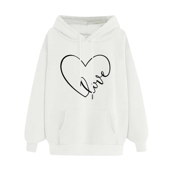 Lcziwo Cute Hoodie for Women Heart Print Long Sleeve Tops Drawstring Pullover Casual Winter Sweatshirts with Pockets White,M