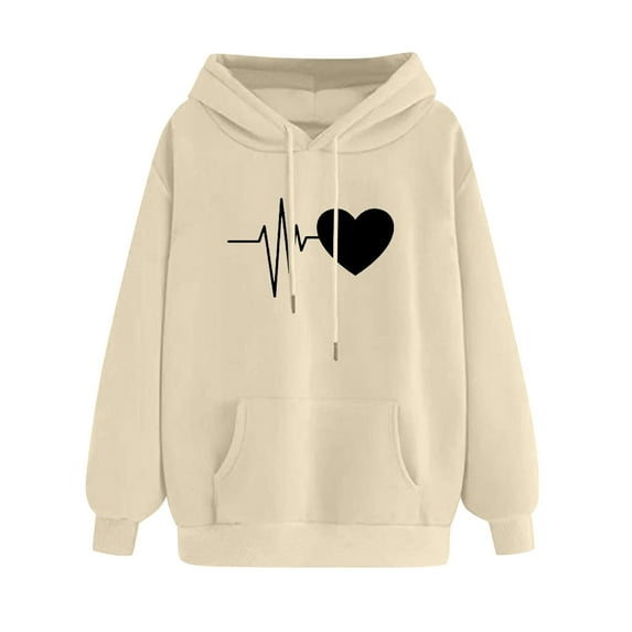 Lcziwo Cute Print Hoodie for Women Long Sleeve Drawstring Comfy Sweatshirts Heart Print Pullover Winter Tops with Pockets Khaki,XL
