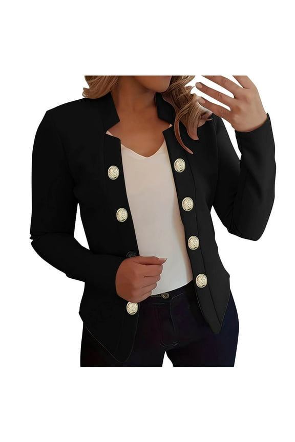 Dressy Coats for Women Long Sleeve Notch Collar Cardigan Blazer Open Front Office Work Jackets Plain Button Up 2025 Outerwear Black,L