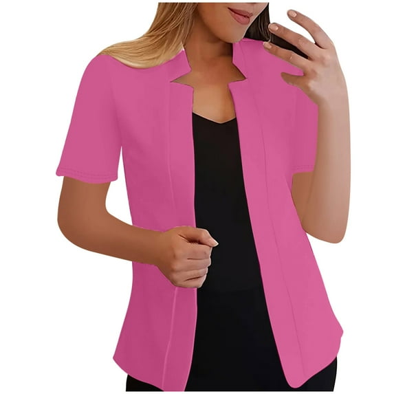 Lcziwo Dressy Coats for Women Short Sleeve Notch Collar Cardigan Blazer Open Front Office Work Jackets Solid Color 2025 Outerwear Hot Pink,XL