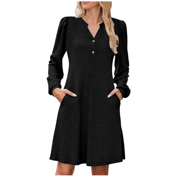 Lcziwo Fall Sweater Dresses for Women A-Line V Neck Tunic Dress Button Brushed Flowy Casual Dresses Casual Fashion Outfits with Pockets Black,M