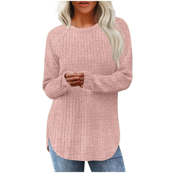 Lcziwo Fall Sweater Tops for Women Raglan Sleeve Crew Neck Knit Blouses Plain Hem Split Loose T-Shirt Casual Trendy Lightweight Tunic Tees Pink,XXL