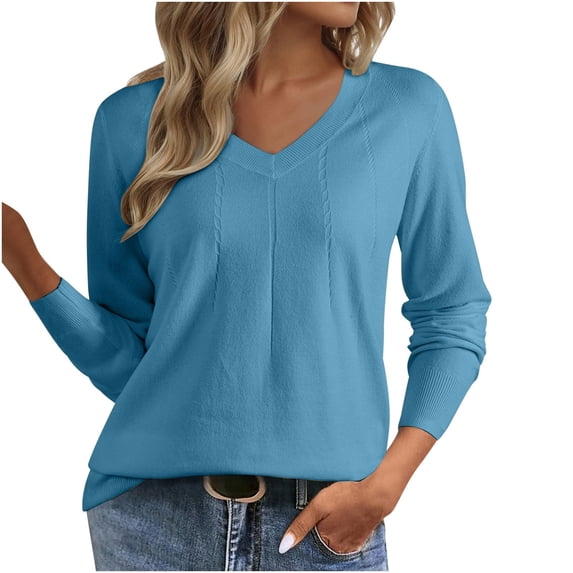 Lcziwo Fall Sweaters for Women 2025 Lightweight Knit Loose Basic Tops Long Sleeve Vneck Solid Loose Tunic Blouses Blue,XXL