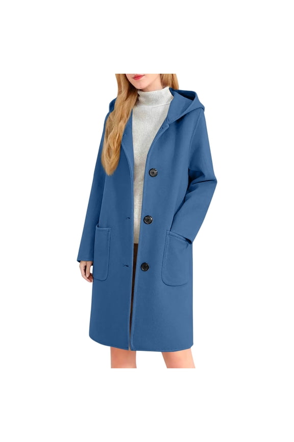 Faux Fur Trench Coat Women Single Breasted Thicken Wool Peacoat Mid Long Casual Loose Outerwear 2025 Fall Winter Warm Hoodie Jackets with Pocket Blue,S