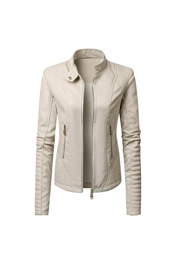 Faux Leather Jackets for Women 2025 Open Front Standing Collar Cardigan Coats Long Sleeve Solid Color Jackets Zip Up Biker Moto Casual Outerwear White,L