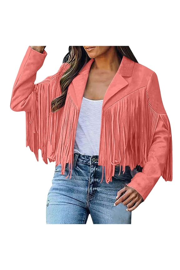 Faux Suede Bomber Jacket Women Long Sleeve Lapel Jackets Fringe Tassels Cowboy Coats Moto Casual 2025 Cropped Jackets Orange,S